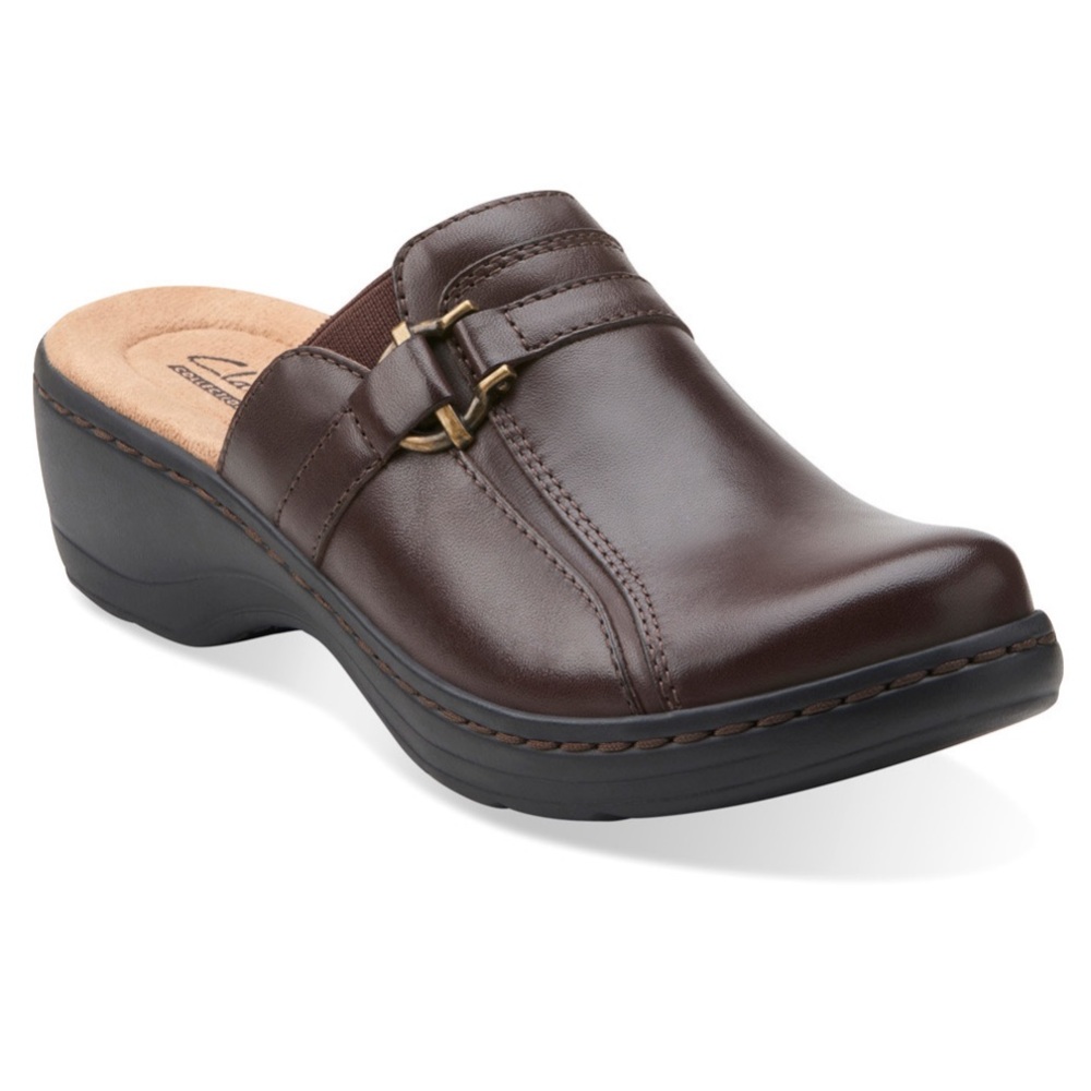 Clarks Collection Women's Hayla Marina Brown Leather Clogs Mules SIZE 8 Buckle